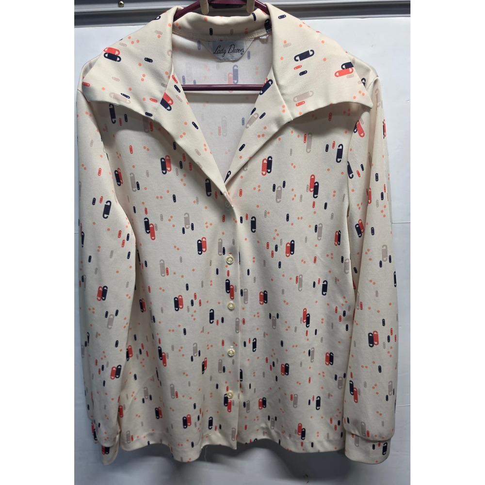Vintage Lady Devon 70s Geometric Abstract Print Dagger Collar Blouse Cream XL